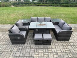 Fimous 9 Seater PE Wicker Outdoor Rattan Garden Furniture Set Propane Gas Fire Pit Table & Sofa Chair set with 2 Side Tables 2 Footstools in Dark Grey - thumbnail 1