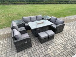 Fimous 9 Seater PE Wicker Outdoor Rattan Garden Furniture Set Propane Gas Fire Pit Table & Sofa Chair set with 2 Side Tables 2 Footstools in Dark Grey - thumbnail 3