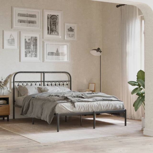 Berkfield Home Metal Bed Frame without Mattress with Headboard Black 135x190cm - Size: 135x190 cm - image 1