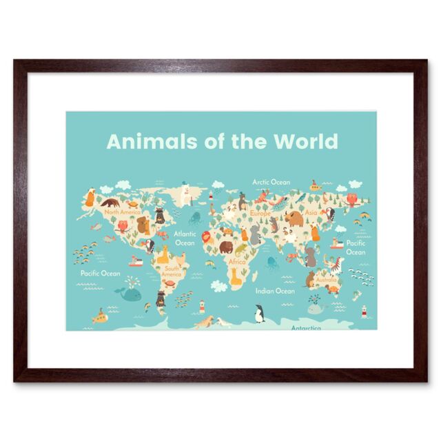 "Artery8 Wall Art Print Animals of The World Map Art Framed 9x7 inch in Brown - Size: W7"" x H9""" - image 1