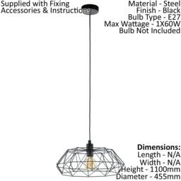 Loops Hanging Ceiling Pendant Light Black Cage Shade 1x 60W E27 Hallway Feature Lamp - thumbnail 2