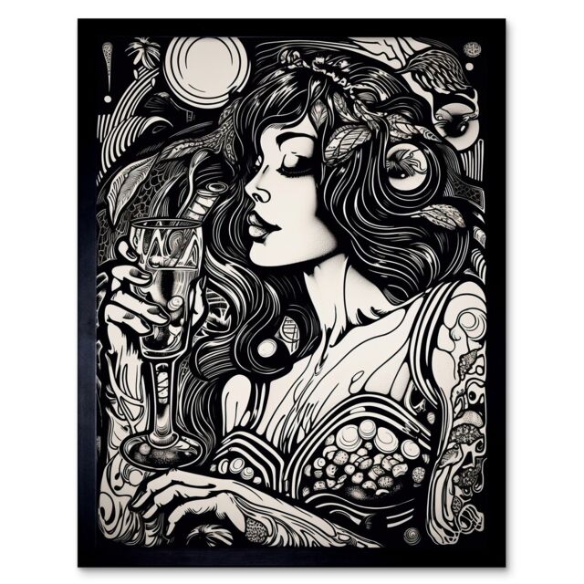 "Artery8 Wall Art Print Woman Drinking Wine Black & White Art Framed - Size: W12"" x H16""" - image 1
