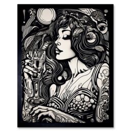 "Artery8 Wall Art Print Woman Drinking Wine Black & White Art Framed - Size: W12"" x H16""" - thumbnail 1