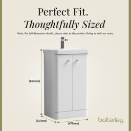 Balterley Modern Bathroom Floor Standing 2 Door Vanity Unit Basin, White, 505mm in White - thumbnail 5