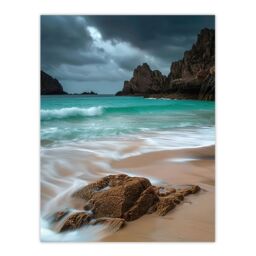"Artery8 Porthcurno Beach Cliffs Dramatic Landscape Wall Art Print in Blue - Size: W24"" x H32""" - thumbnail 1
