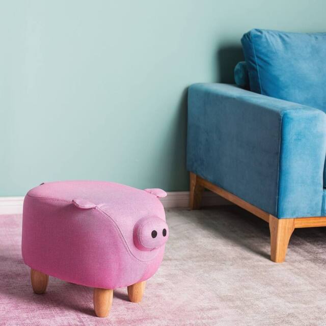 Wyld and Coco Pig Nursery Footstool Pink Fabric with Wooden Legs - image 1