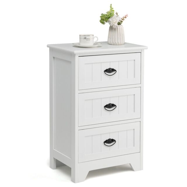 Costway Wooden 3-Drawer Bedside Table Vintage Nightstand Accent End Table Sofa Side Table in White - image 1