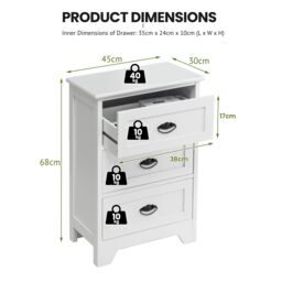 Costway Wooden 3-Drawer Bedside Table Vintage Nightstand Accent End Table Sofa Side Table in White - thumbnail 5