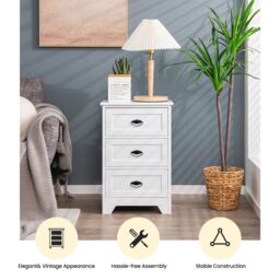 Costway Wooden 3-Drawer Bedside Table Vintage Nightstand Accent End Table Sofa Side Table in White - thumbnail 3