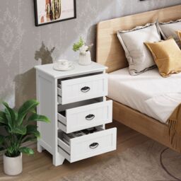Costway Wooden 3-Drawer Bedside Table Vintage Nightstand Accent End Table Sofa Side Table in White - thumbnail 2