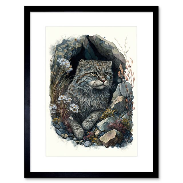 "Artery8 Wall Art Print Wild Cat in Rock Cavity with Wildflowers Detailed Watercolour Artwork Framed 9X7 Inch in Black - Size: W7"" x H9""" - image 1