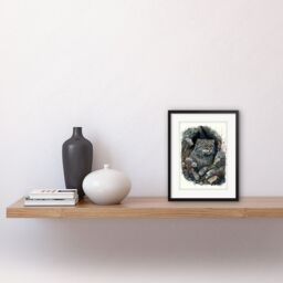 "Artery8 Wall Art Print Wild Cat in Rock Cavity with Wildflowers Detailed Watercolour Artwork Framed 9X7 Inch in Black - Size: W7"" x H9""" - thumbnail 2