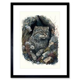 "Artery8 Wall Art Print Wild Cat in Rock Cavity with Wildflowers Detailed Watercolour Artwork Framed 9X7 Inch in Black - Size: W7"" x H9""" - thumbnail 1