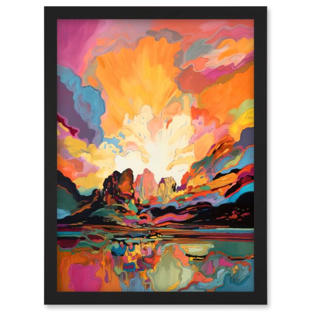 Artery8 Atmospheric Sunset Clouds Vibrant Colour Lakescape Modern Watercolour Painting Artwork Framed Wall Art Print A4 in Black - image 1