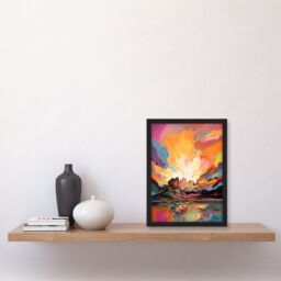 Artery8 Atmospheric Sunset Clouds Vibrant Colour Lakescape Modern Watercolour Painting Artwork Framed Wall Art Print A4 in Black - thumbnail 2