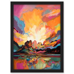 Artery8 Atmospheric Sunset Clouds Vibrant Colour Lakescape Modern Watercolour Painting Artwork Framed Wall Art Print A4 in Black - thumbnail 1
