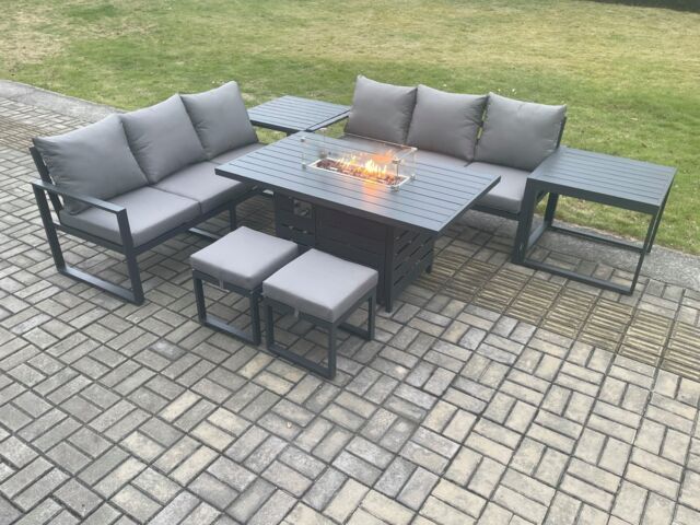 Fimous Aluminium 8 Seater Outdoor Garden Furniture Lounge Sofa Set Gas Fire Pit Dining Table with 2 Small Footstools 2 Side Tables Dark Grey - image 1