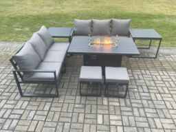 Fimous Aluminium 8 Seater Outdoor Garden Furniture Lounge Sofa Set Gas Fire Pit Dining Table with 2 Small Footstools 2 Side Tables Dark Grey - thumbnail 2