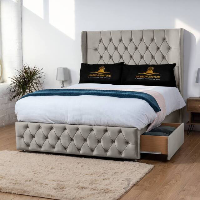 UK Bed Furniture Luxor Wingback Divan Bed with 54 Inch Headboard & 2 Foot End Drawers in Light Beige - Size: Double - image 1
