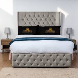 UK Bed Furniture Luxor Wingback Divan Bed with 54 Inch Headboard & 2 Foot End Drawers in Light Beige - Size: Double - thumbnail 2