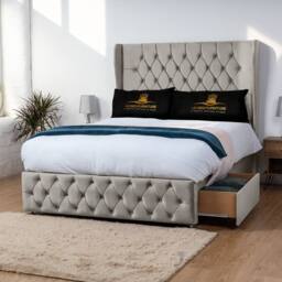 UK Bed Furniture Luxor Wingback Divan Bed with 54 Inch Headboard & 2 Foot End Drawers in Light Beige - Size: Double - thumbnail 1