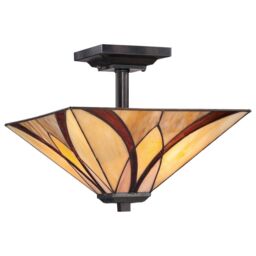 Netlighting Asheville 2 Light Semi Flush Ceiling Lamp Bronze Tiffany Glass E27 - thumbnail 3