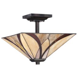 Netlighting Asheville 2 Light Semi Flush Ceiling Lamp Bronze Tiffany Glass E27 - thumbnail 2
