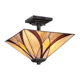 Netlighting Asheville 2 Light Semi Flush Ceiling Lamp Bronze Tiffany Glass E27 - thumbnail 1