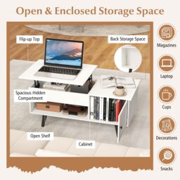 Gymax Lift Top Coffee Table Flip Top Center Table Hidden Compartment-White in White - thumbnail 8
