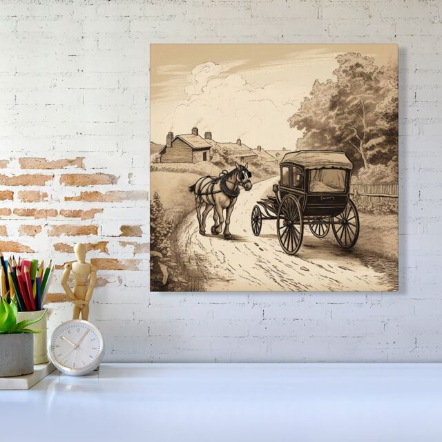 "Warren Reed - Designer A Horse & His Cart Canvas in Black - Size: W16"" x H16""" - image 1