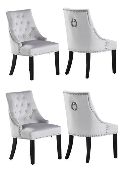 Life Interiors Set of 4 Velvet Dining Chairs Scoop Knockerback & Button Tufted, Solid Wood Legs in Light Grey - image 1