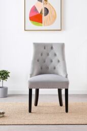 Life Interiors Set of 4 Velvet Dining Chairs Scoop Knockerback & Button Tufted, Solid Wood Legs in Light Grey - thumbnail 2