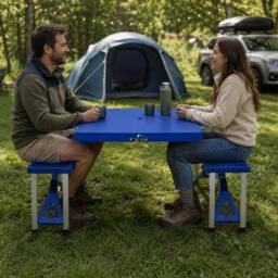Oypla Portable Folding Outdoor Picnic Table & Bench Set in Blue - thumbnail 6