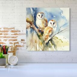 Warren Reed - Designer Barn Owls Watercolour Canvas in Brown - Size: w10 inch x h10 inch - thumbnail 2