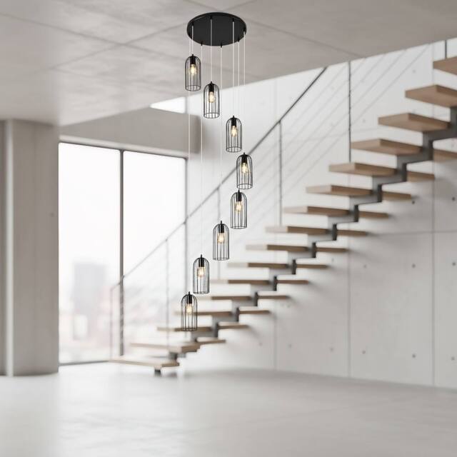 NIVOR 8 E27 Cluster Staircase Chandelier Long High Black Pendant Light - image 1