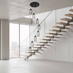 NIVOR 8 E27 Cluster Staircase Chandelier Long High Black Pendant Light - thumbnail 1