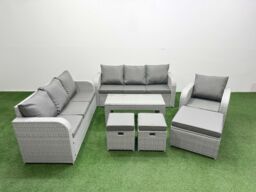 Fimous 10 Seater Poly Rattan Outdoor Garden Furniture Oblong Coffee Table Sofa Set Patio 3 Seater Sofa Reclining Chair 3 Seater Sofa 3 Stools Light - thumbnail 1