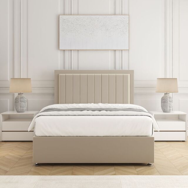 "BSSPOKE Zarah Divan Bed Set Plush Velvet 24"" Headboard & Mattress No Drawers in Cream - Size: Single" - image 1