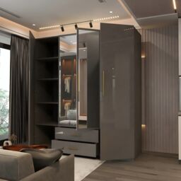 MN Furniture Modern High Gloss 4 Door Hinged Wardrobe with Mirror 160cm in Grey - thumbnail 2