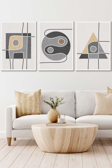 ARTZE Set of 3 White Framed Mid Century Graphical Shapes in Grey & Yellow Wall Art - Size: W33 cm x H45 cm x D20mm - image 1