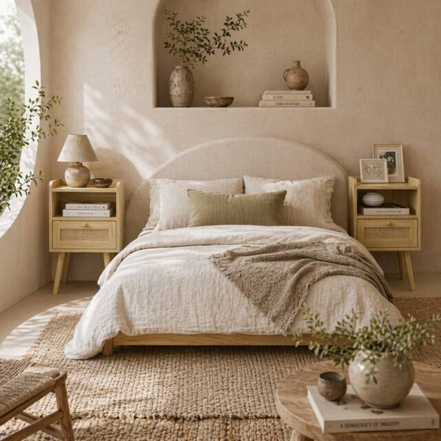 Wyld Haus Fira Set of 2 Wood Effect Bedside Tables with Rattan Weave in Natural - image 1