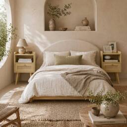 Wyld Haus Fira Set of 2 Wood Effect Bedside Tables with Rattan Weave in Natural