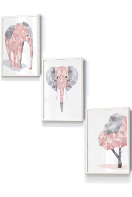 ARTZE Geometric Pink Grey Elephant Set Framed Wall Art - Small in White - Size: W33 cm x H45 cm x D20mm - image 1