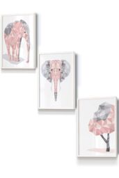 ARTZE Geometric Pink Grey Elephant Set Framed Wall Art - Small in White - Size: W33 cm x H45 cm x D20mm