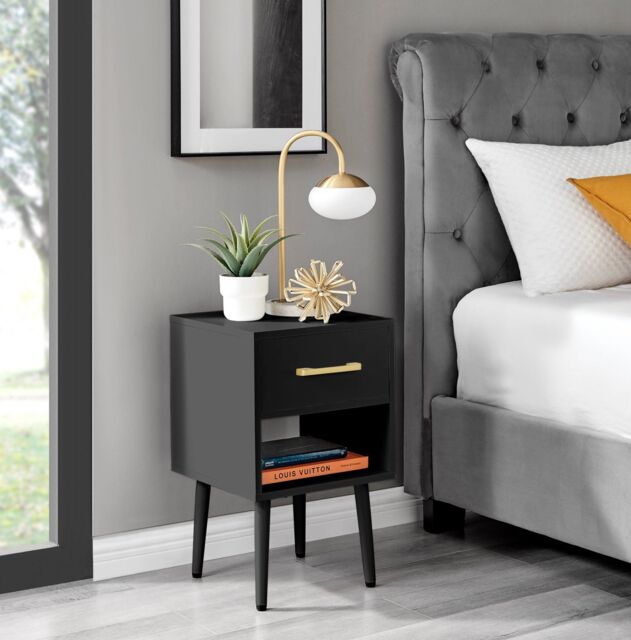 FurnitureboxUK Taylor Painted Wooden Bedside Table With 1 Drawer Plus Shelf & Gold Handles in Black - image 1