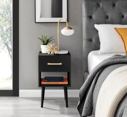 FurnitureboxUK Taylor Painted Wooden Bedside Table With 1 Drawer Plus Shelf & Gold Handles in Black - thumbnail 2
