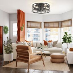 Garwarm 46cm Farmhouse Caged Ceiling Fan with Light Kit & Remote in Bronze - thumbnail 3