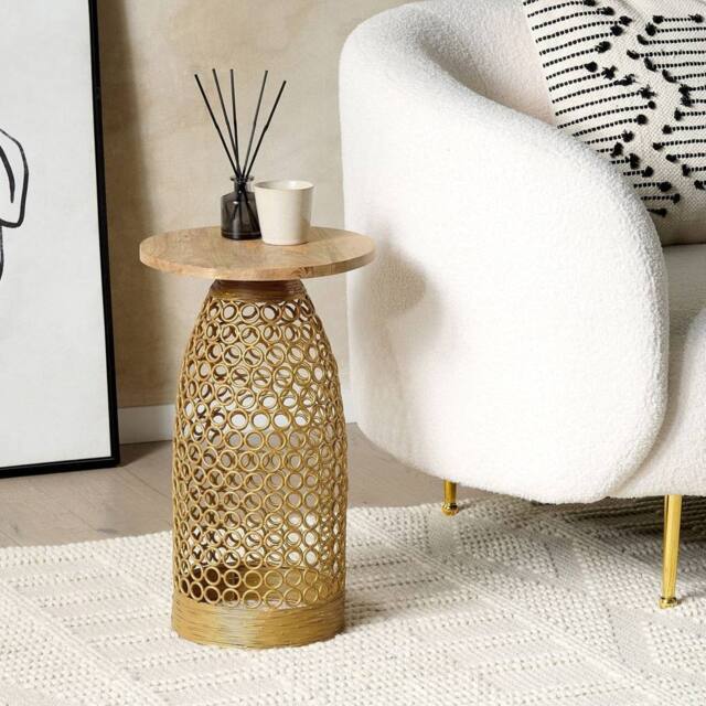 Wyld and Coco 30cm Round Side Table - Mango Wood Top with Gold Metal Base - image 1
