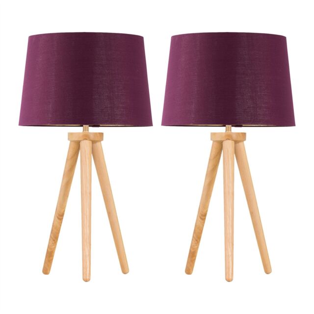 First Choice Lighting Set of 2 Light Oak Table Lamp or Bedside Lights with Burgundy Shades in Brown - image 1