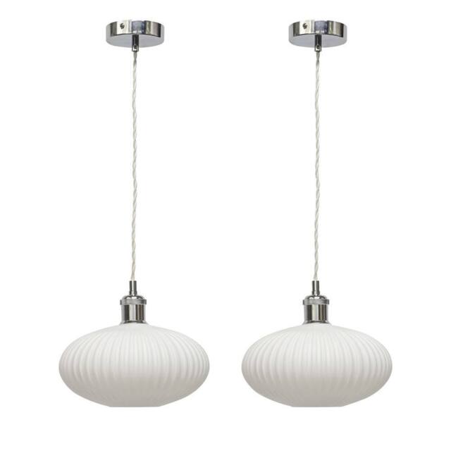 First Choice Lighting Set of 2 Baton - White Ribbed Oval Glass Chrome Retro Pendant Fittings - image 1
